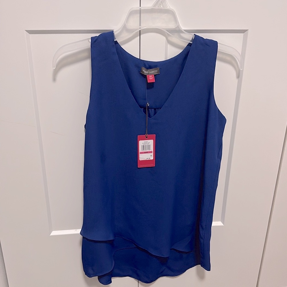 NWT [Vince Camuto] Tiered High Low V-Neck Blouse Twilight Blue Women's Size XXS - Picture 4 of 11